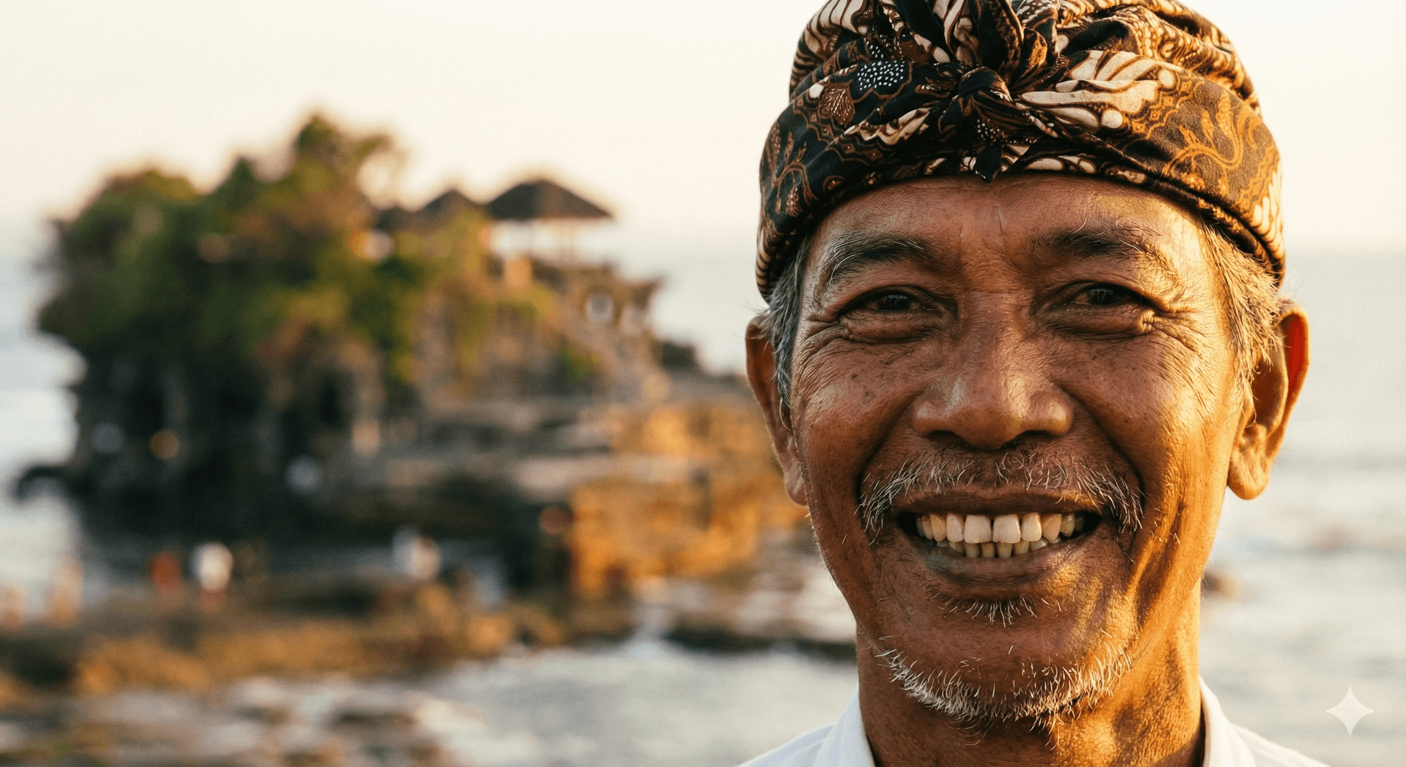 Potret close-up wajah ramah orang Bali tersenyum tulus menyambut tamu