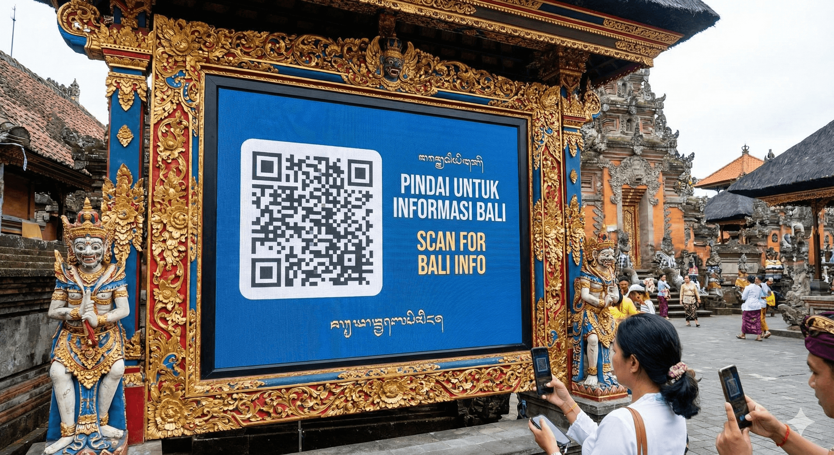 Papan pengumuman digital dengan ornamen Bali